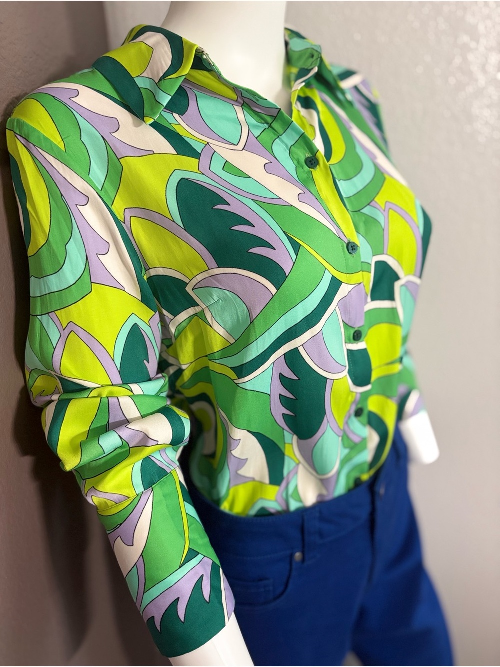 Rachel Zoe Abstract Green, Teal, Lime and Lavender Button-Down Shirt - Picture 2 of 9